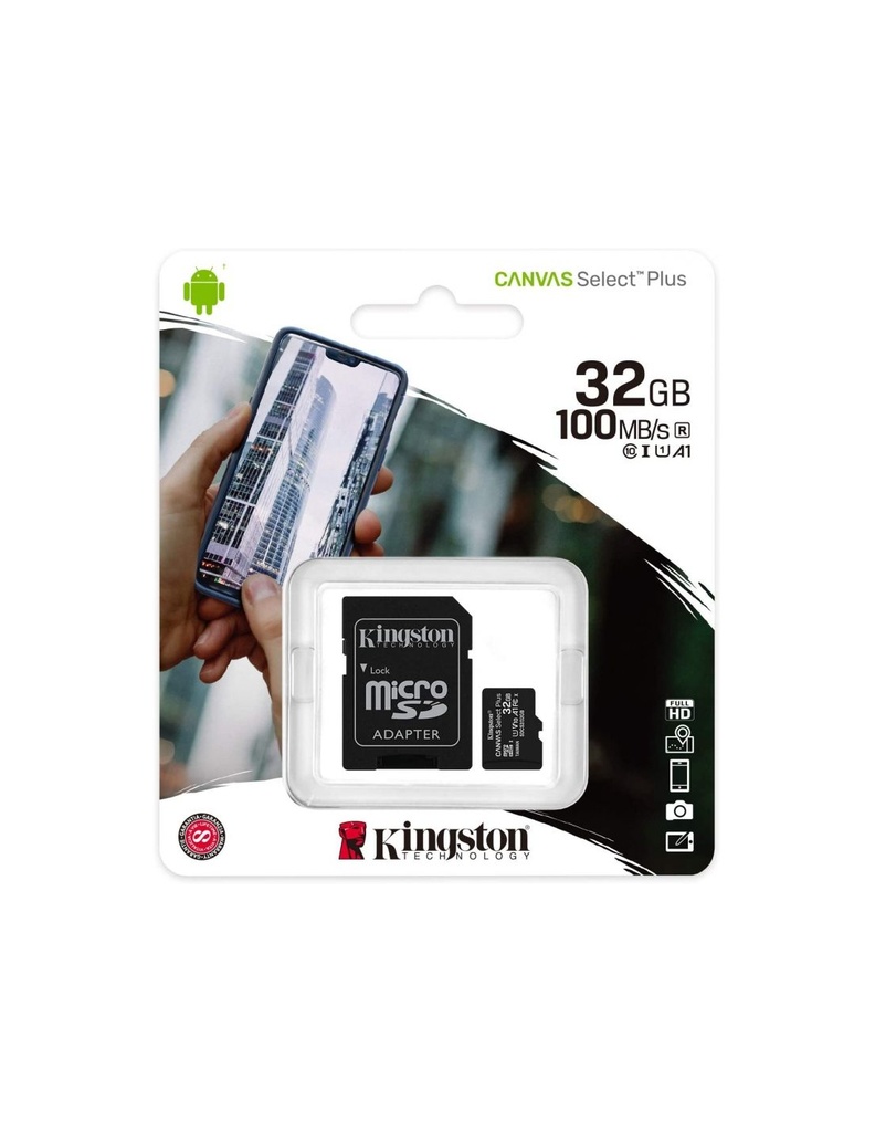 Tarjeta de Memoria Kingston CANVAS Select Plus 32GB microSD HC con Adaptador/ Clase 10/ 100MBs